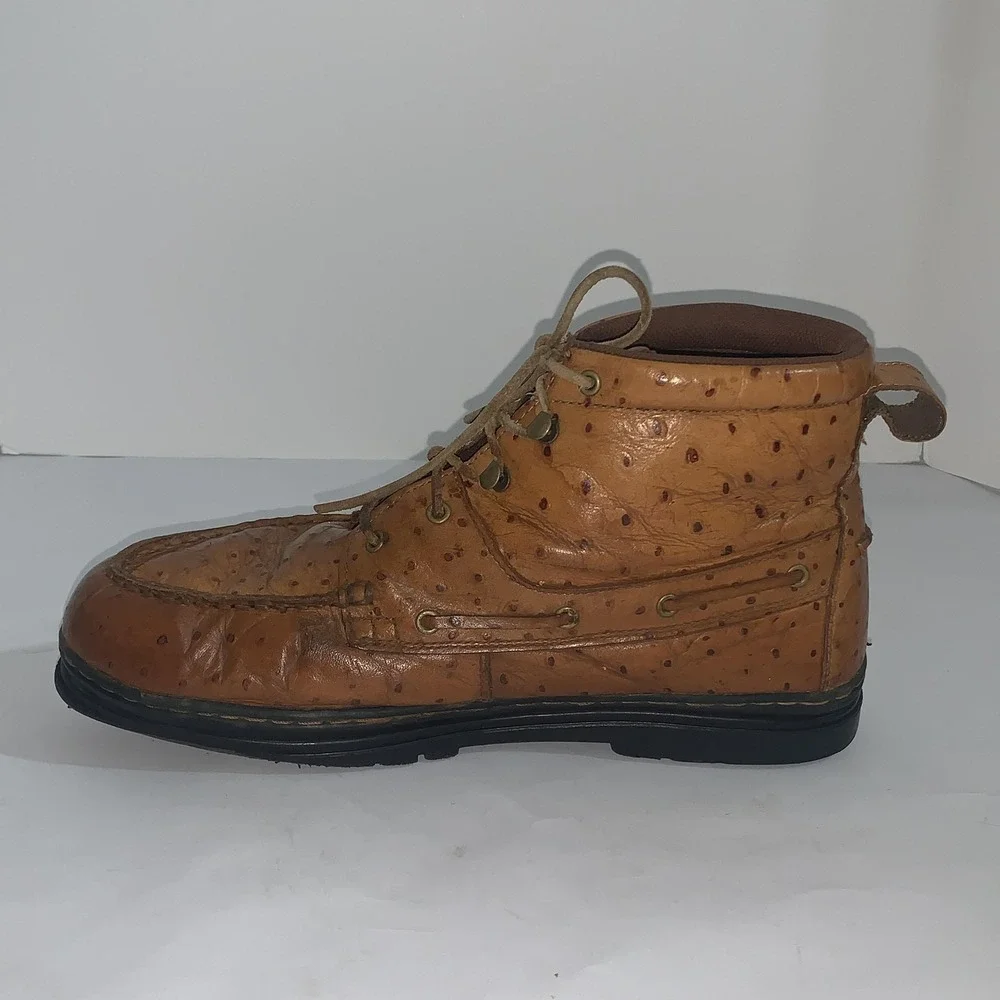 Justin Vintage Ankle Boots Mens 13M Brown Leather Ostrich Print Moc Toe Work 910
